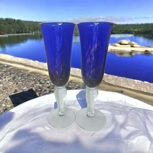 Vintage Cobalt Blue Champagne Flutes Set